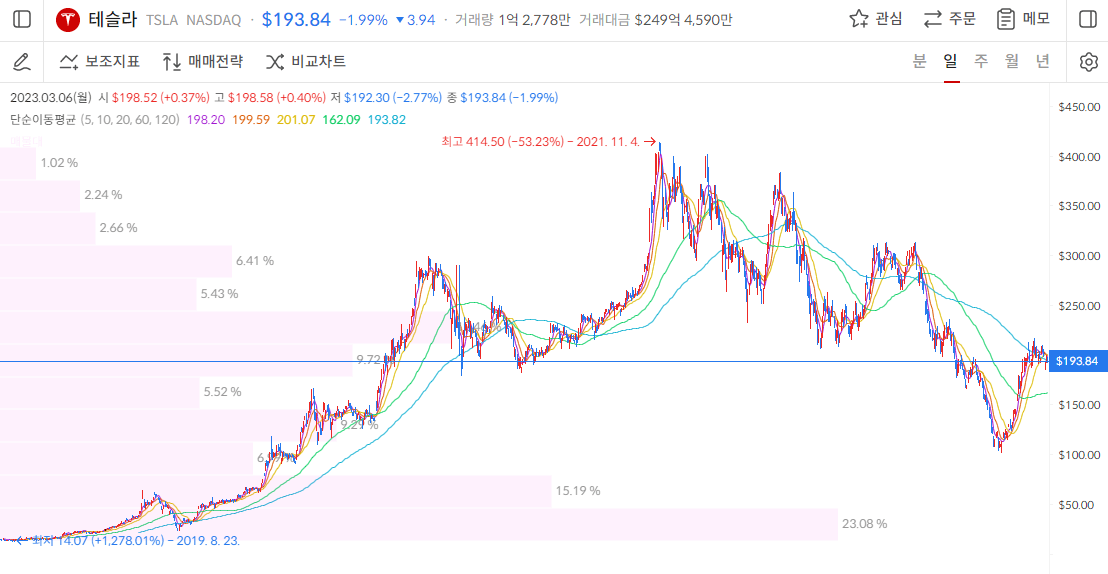 테슬라 주가 일봉