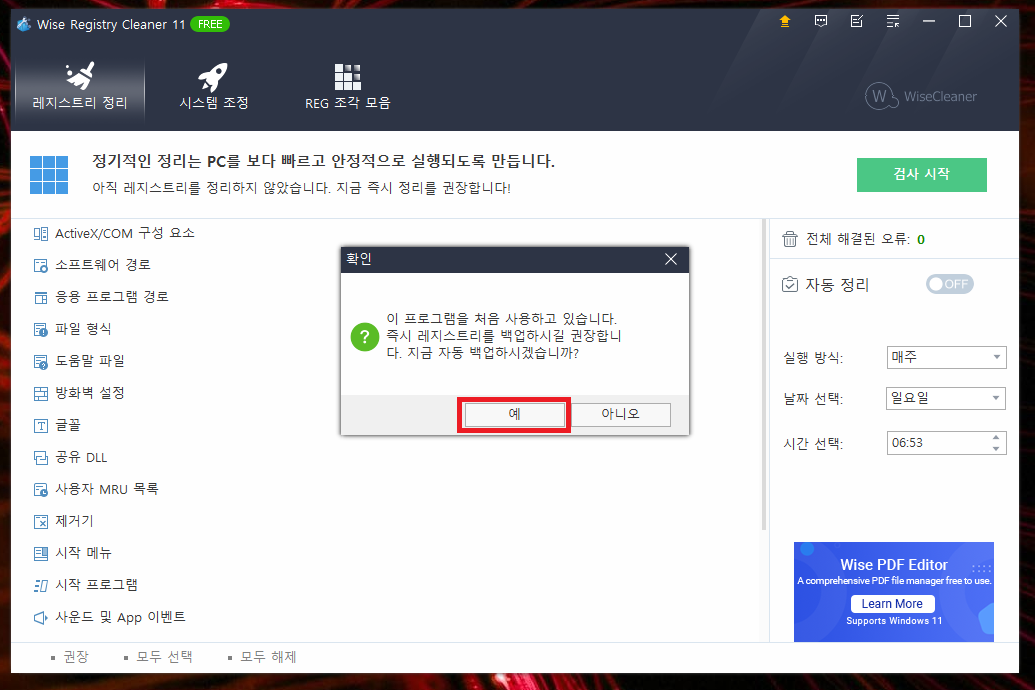 Wise Registry Cleaner 자동 백업