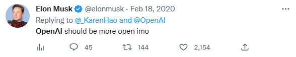 그림 4. OpenAI에 대한 지난 2020년 일론의 관련 트윗. OpenAI는 더 개방되어야 하지만 마이크로소프트가 이를 반대하는 것 같다는 뉘양스를 일찍히 알고 있었음.-1