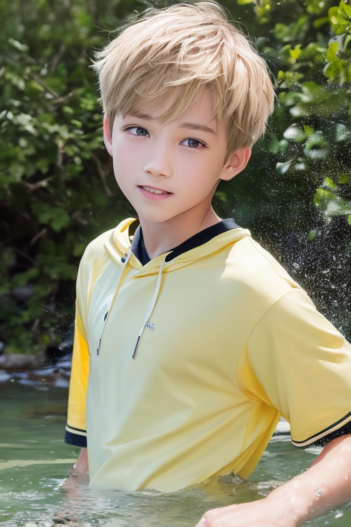  [Boy-133] Free images of blond youth boy, water play, valley, river background