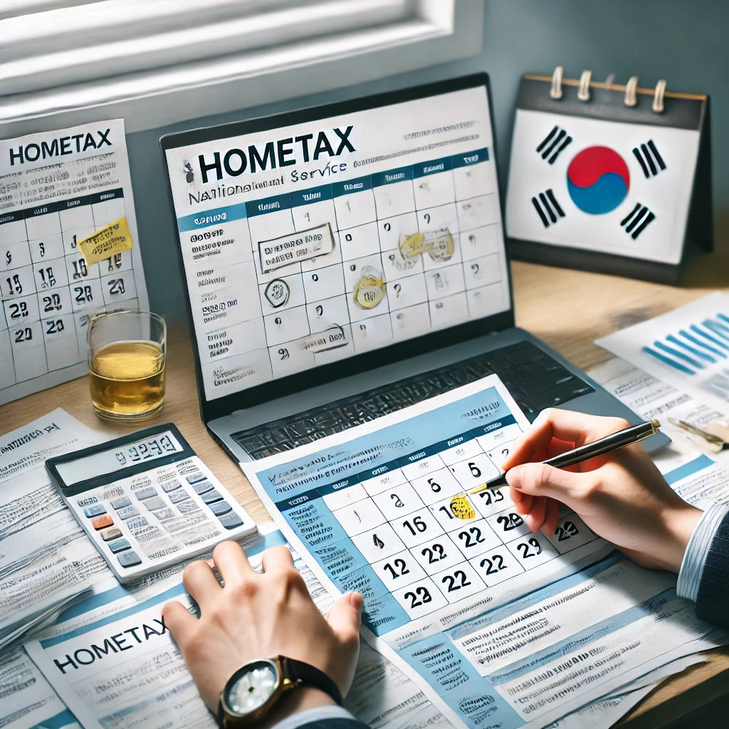 책상 위의 서류와 홈택스 웹사이트를 검토하는 전문가