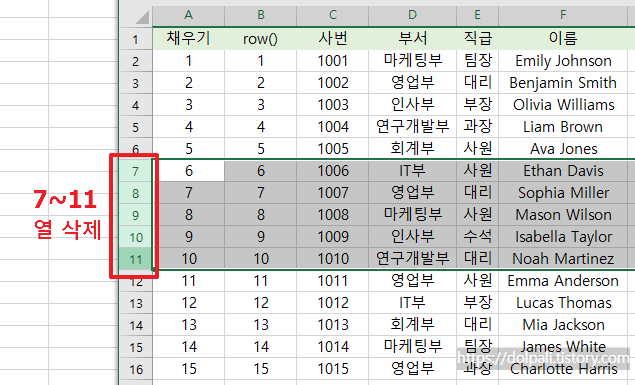 열 삽입이나 삭제시에도 자동으로 번호 유지하기-열 삭제