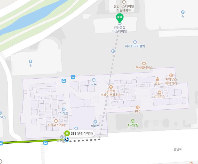 천안종합터미널에서 근처 버스정류장까지 가는 지도