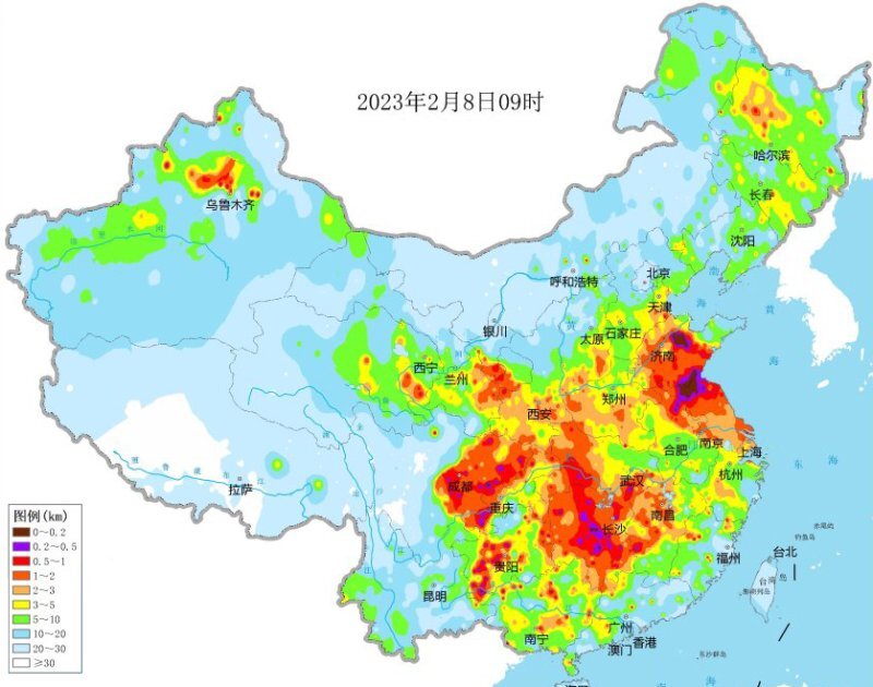 중국 공기오염 지도 2023년 2월 8일