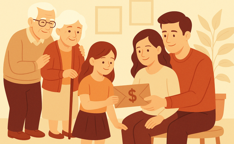 Illustration of a multigenerational family happily handing over a financial envelope, symbolizing tax-free gift transfer