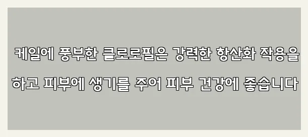  케일에 풍부한 클로로필은 강력한 항산화 작용을 하고 피부에 생기를 주어 피부 건강에 좋습니다