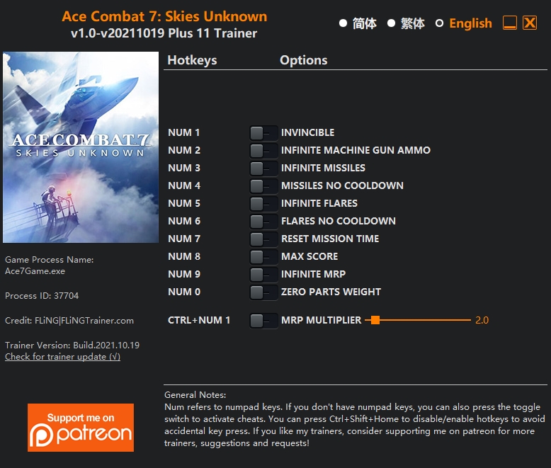  [트레이너] 한글판 에이스 컴뱃7 스카이즈 언노운 최신 영문판 Combat 7 Skies Unknown v1.0-v20211019 Plus 11 Trainer