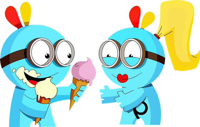 파란 남자아이가 파란 여자아이에게 보라색 아이스크림 주는 모습 