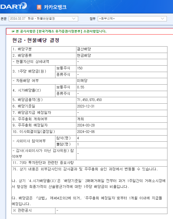 카카오뱅크 2024년 배당 공시