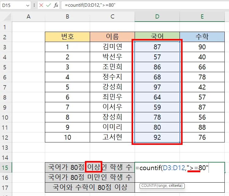 엑셀에서 카운트이프 함수를 사용하는 모습
