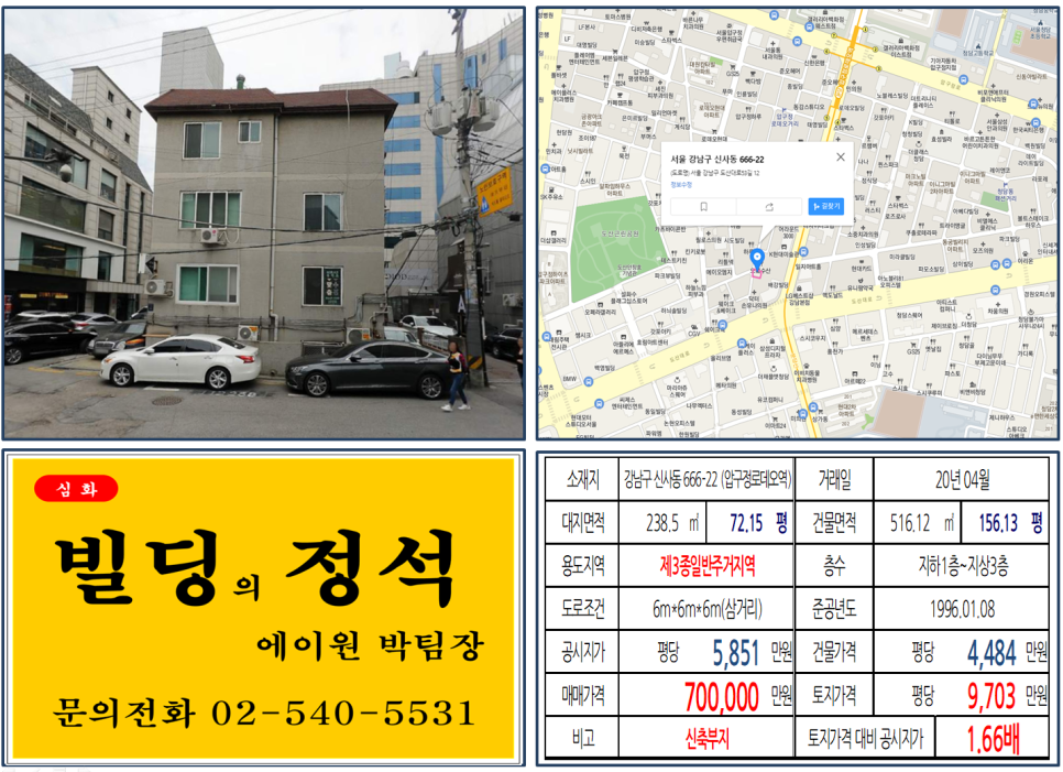  [강남구 압구정로데오 신축 꼬마빌딩 부지 실거래가 조회] 신사동 666-22 (압구정로데오역) 70억 원, 평당 9,703만 원, 도산대로 꼬마