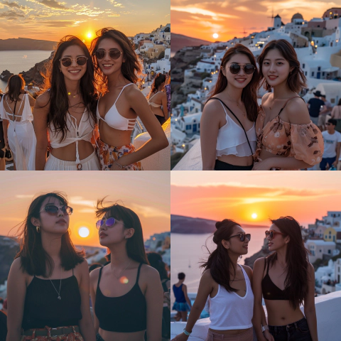 미드저니-그리스-산토리니섬-6월-이아섬-석양을-보는-동양-여자친구-2명-프롬프트-생성물