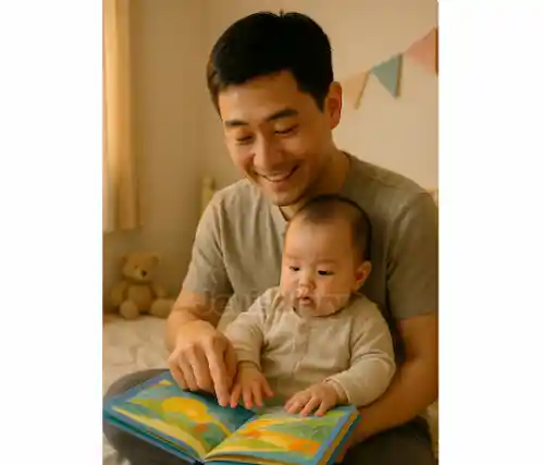 아빠가 아기에게 동화책을 읽어주는 이미지