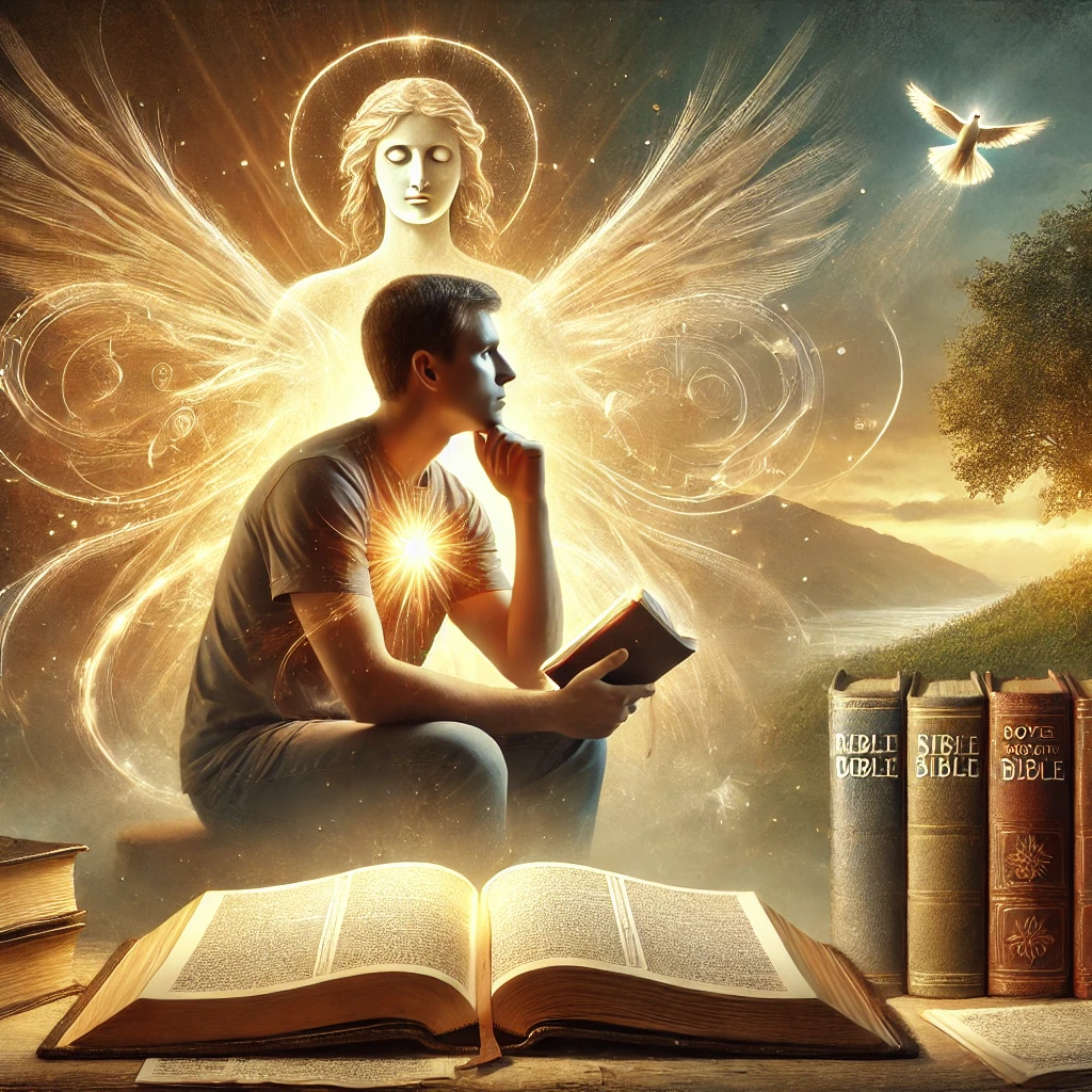 Here is the image depicting a person in deep reflection&amp;#44; holding the Bible close to their heart&amp;#44; surrounded by books representing various teachings. The Bible stands out with a glowing aura&amp;#44; symbolizing its supreme authority and value. The atmosphere is serene and spiritually uplifting&amp;#44; capturing the essence of reverence and love for God&amp;#39;s word.