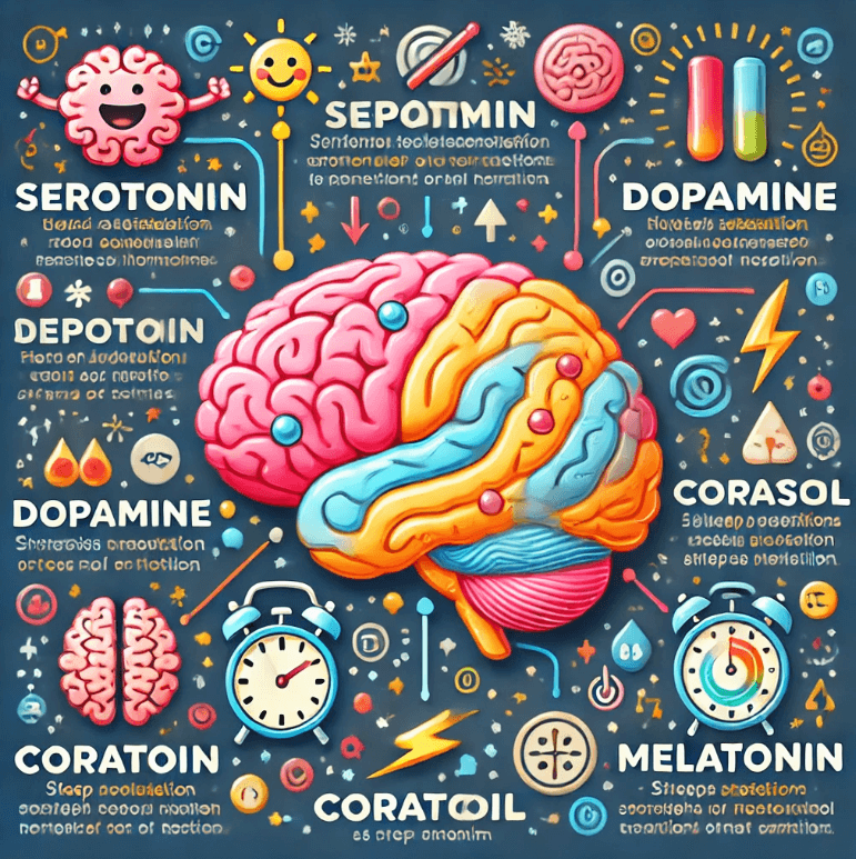 뇌와 호르몬의 연결을 묘사한 그림으로 , 세로토닌 , 도파민 , 코르티솔 , 멜라토닌과 그 역할을 강조한 그림