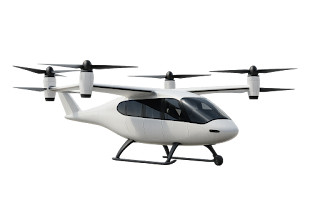 미래형 도심 항공 교통 수단인 전기 수직이착륙기(eVTOL)의 사이드뷰 이미지. 도시 상공을 비행하도록 설계된 친환경 항공 모빌리티.