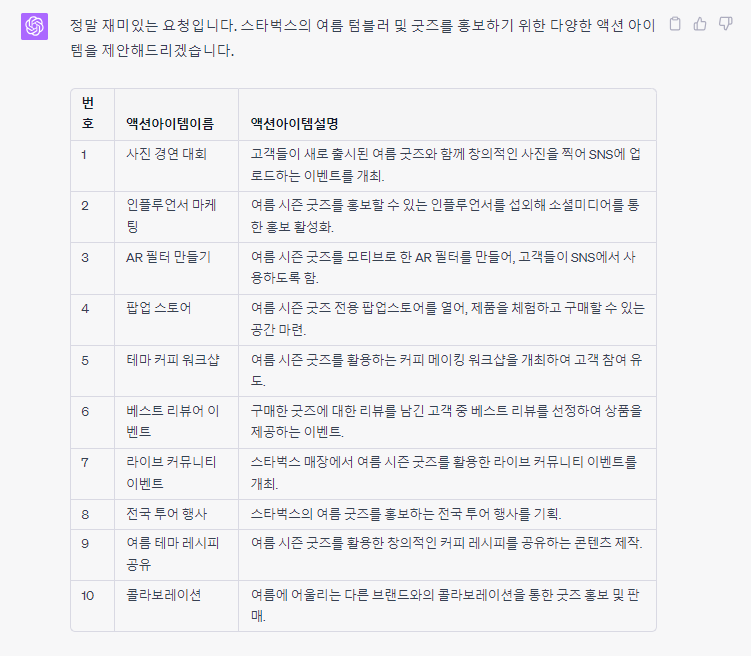 챗GPT 사용법 아이디어발산 첫번째 답변