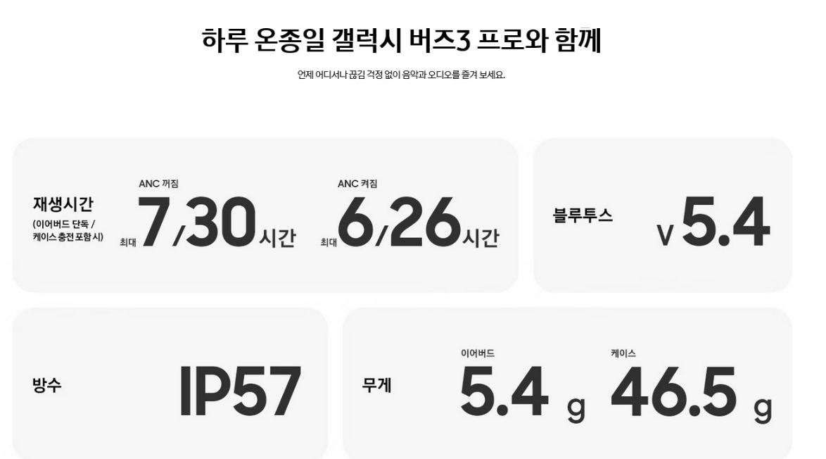 버즈3프로 무게-방수-재생시간-방수