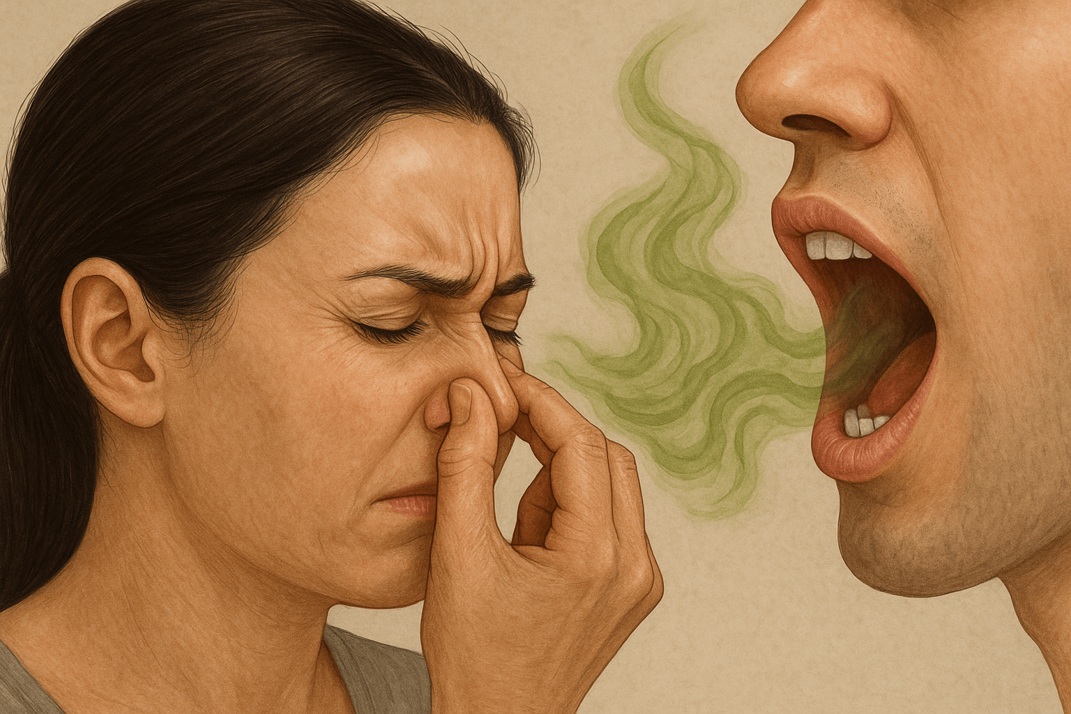 한 사람이 입을 벌리자 그 옆 사람이 코를 막으며 불쾌해하는 장면(출처**자체제작)