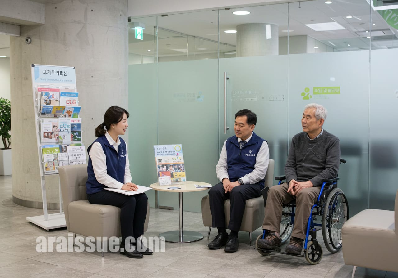복지상담사가 어르신과 장애인과 함께 앉아 상담하는 모습