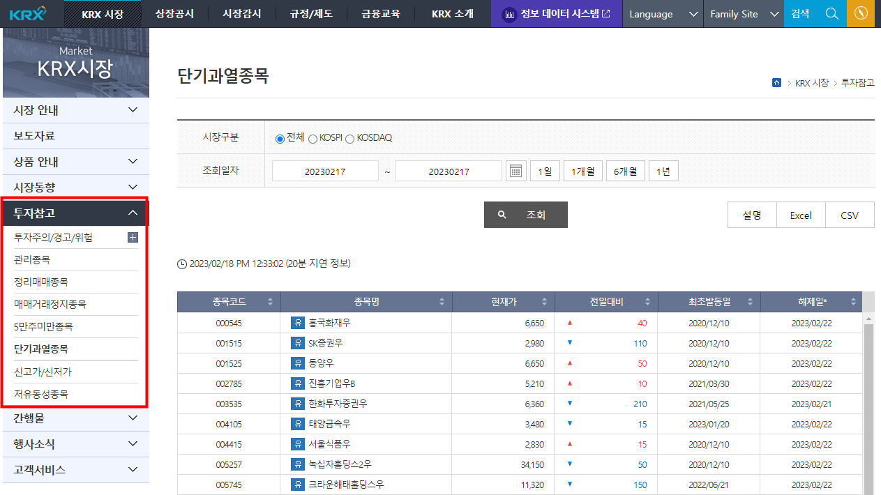 한국거래소 홈페이지