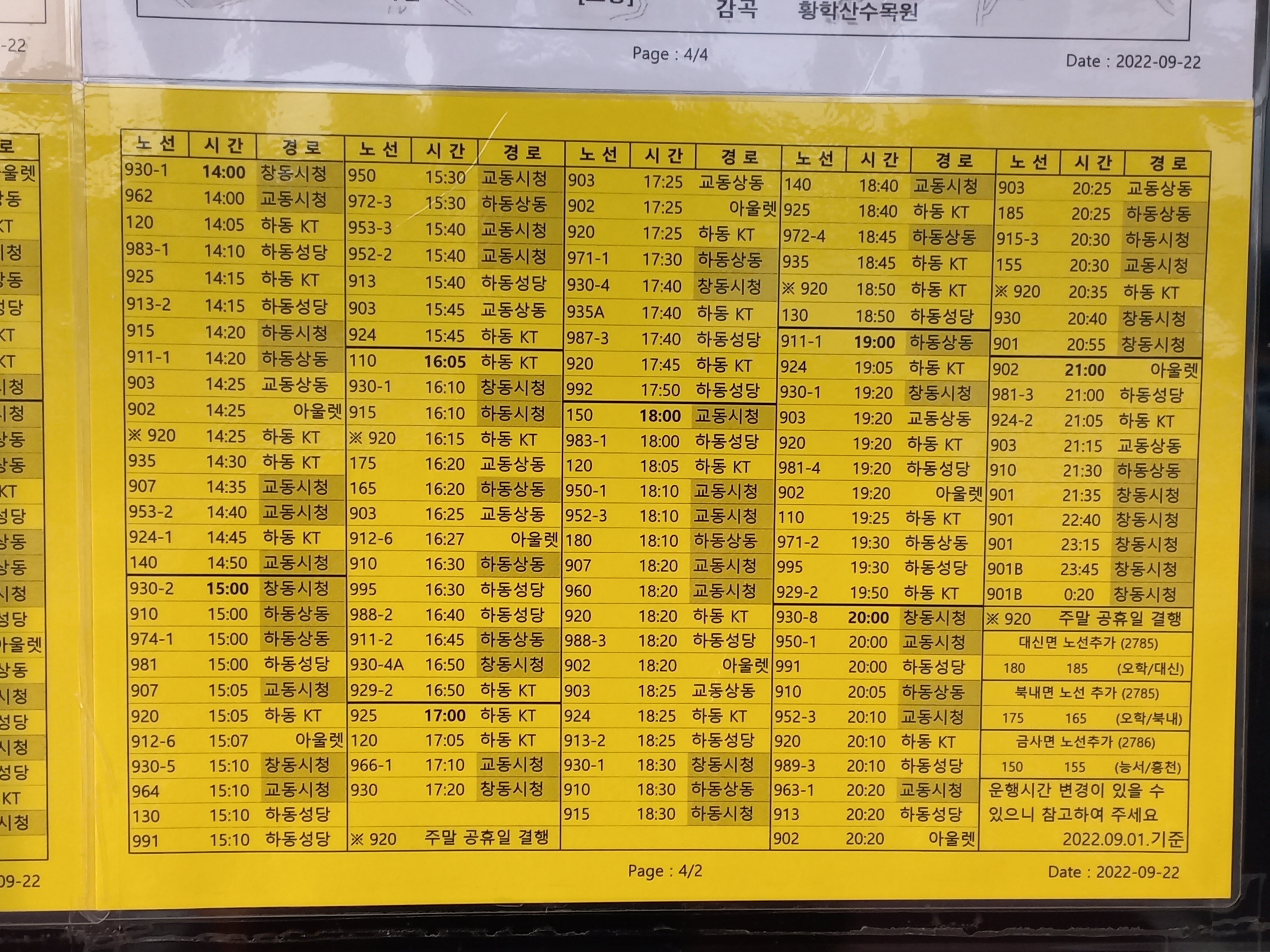 여주역 14시부터 24시 20분까지의 버스시간표입니다.