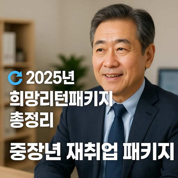 중장년층 남성이 밝은 표정으로 사무실에서 촬영된 이미지, ‘2025년 희망리턴패키지 총정리 ❘ 중장년 재취업 패키지’ 문구가 삽입된 정보 카드 스타일