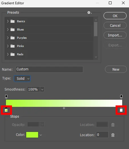 어도비 포토샵에서 글자 획의 그라데이션 색상을 바꾸는 모습