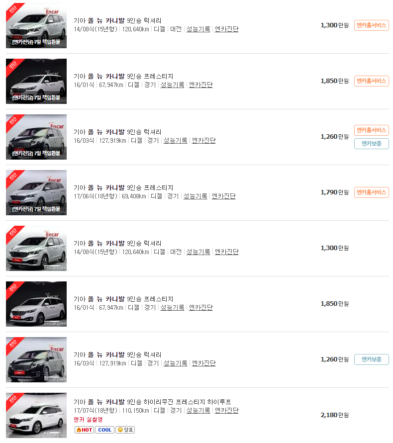 2014~2018년식 올 뉴 카니발 9인승 중고차 가격