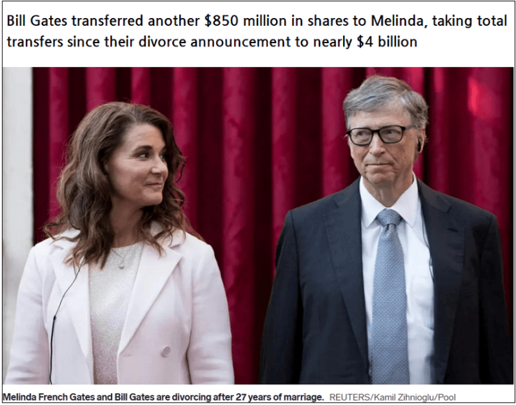  빌 게이츠, 전 부인 멜린다에 현재까지 40억 불 지급 VIDEO:Bill Gates transferred another $850 million in shares to Melinda.....