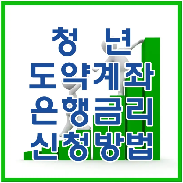 초록색 테두리 안 흰바탕 가운데 초록색 상승 막대그래프 위를 서로 도와주며 올라가는 흰 인형 앞 파란글씨 청년도약계좌 은행금리 신청방법