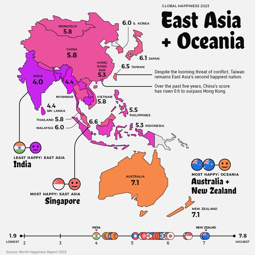 전세계 행복 국가 지도 (동아시아 및 오세아니아)