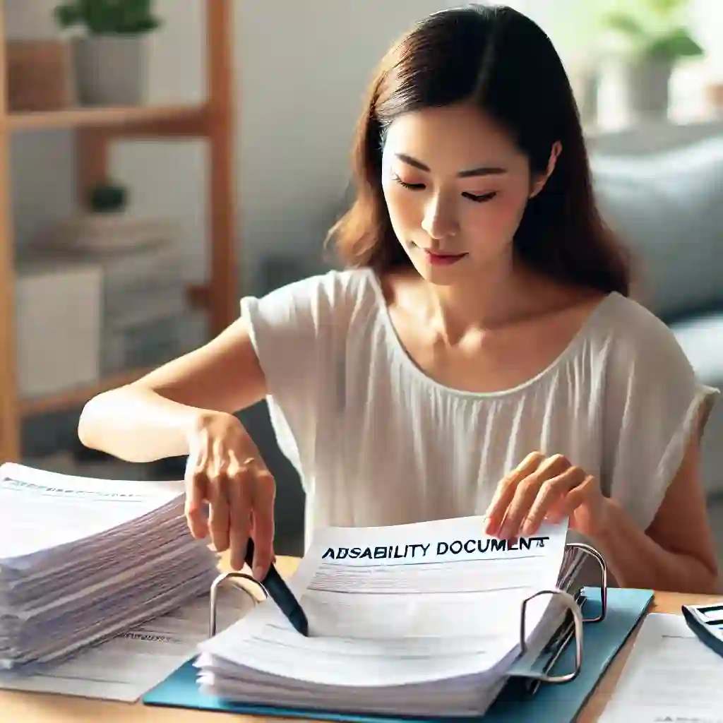 장애인 연금 신청 서류를 정리 중인 30대 한국인 여성