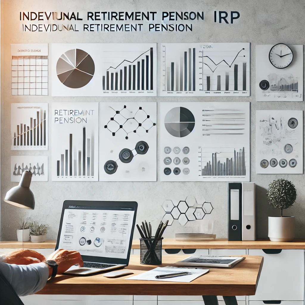 A modern office setting where a person is using a laptop to manage their Individual Retirement Pension (IRP) account. The desk is equipped with financ