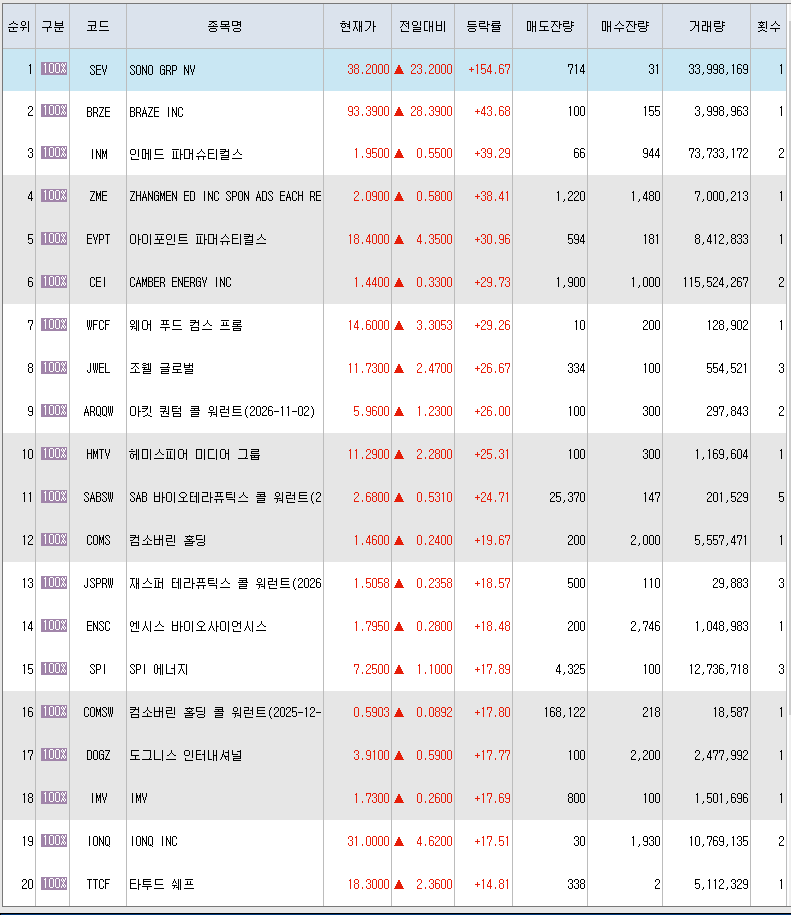  11월17일 미국주식 상승률 상위 종목 TOP 300