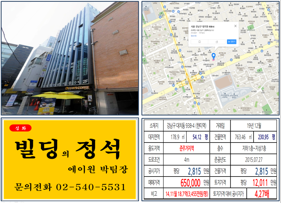  [강남구 대치동 학원가 신축 학원빌딩 실거래가 조회] 대치동 938-4 (한티역) 65억 원, 평당 12,011만 원, 단국사대부고, 대치아이파크, 래미안대치팰리스, 은마아파트