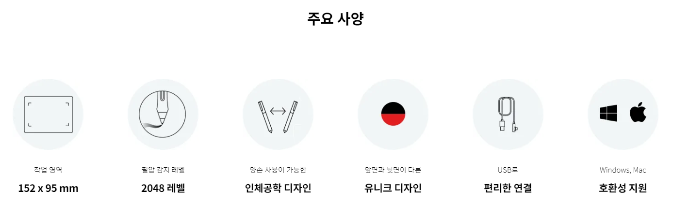 원 바이 와콤 모델 주요 사양 설명 이미지