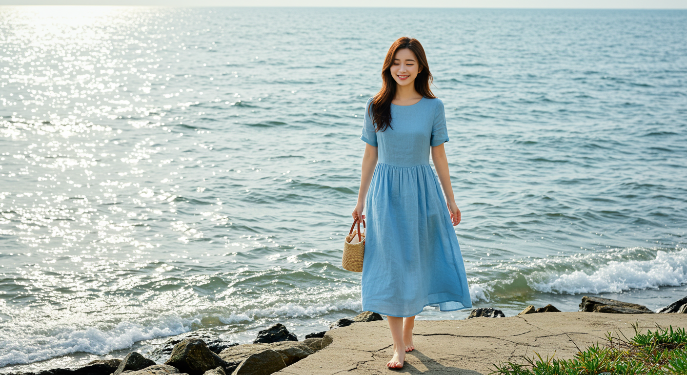 청량한 서머 블루 원피스와 함께 해변을 산책하는 여성의 모습이 시원한 여름 분위기를 전합니다.