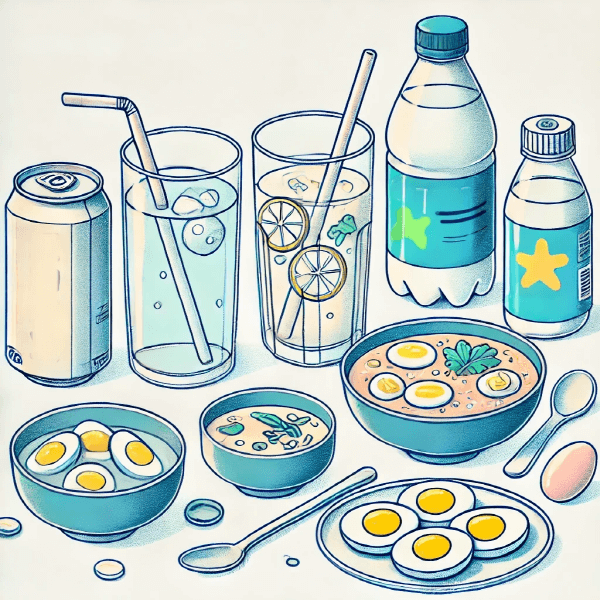 막걸리에서 회복하는 데 도움이 되는 다양한 숙취 해소 음료와 음식을 담은 일러스트레이션 이미지입니다. 물 한 잔, 전해질 음료, 수프 한 그릇, 삶은 계란이 담긴 접시가 특징입니다.