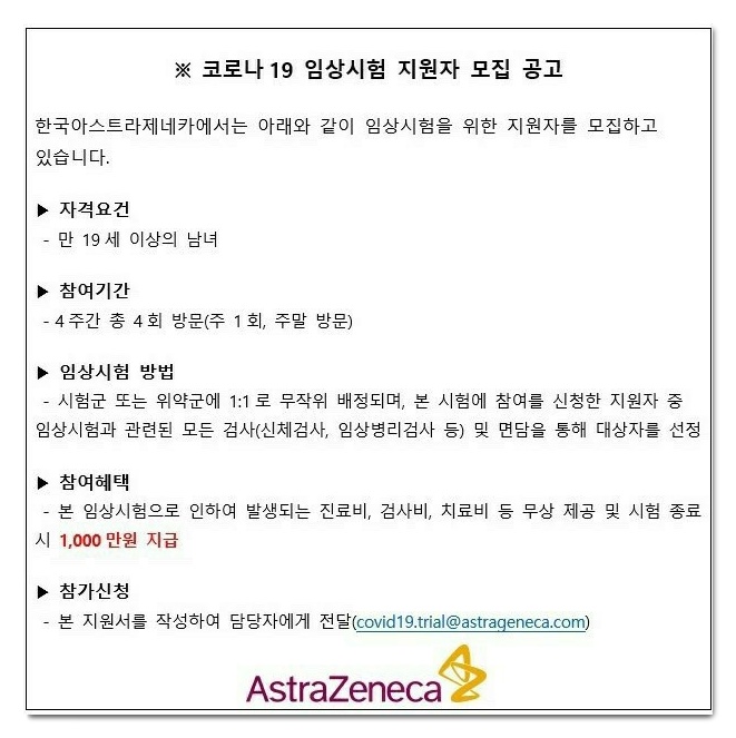  아스트라제네카 임상 모집, 1000만원?