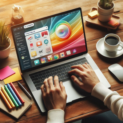 인터넷 페이지가 열린 노트북을 사용하는 모습.