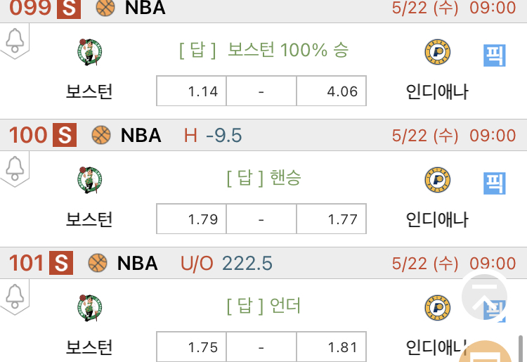 [진짜총판] 5월21일 보스턴 VS 인디애나 농구분석