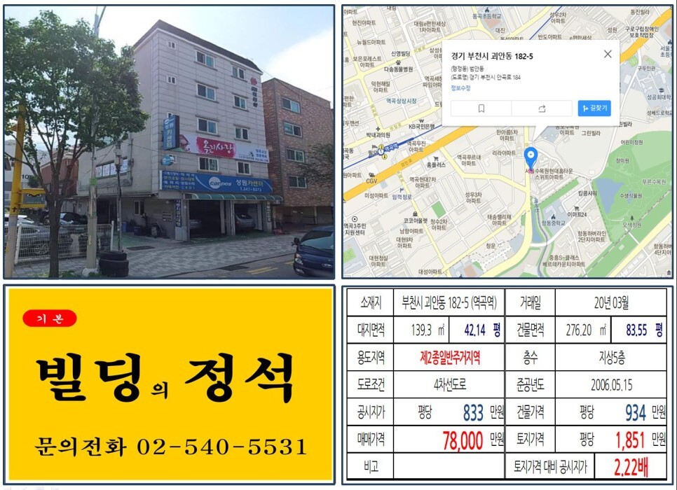  [부천시 대로변 7억 꼬마빌딩 실거래가 조회] 괴안동 182-5 (역곡역) 7억 8,000만 원, 평당 1,851만 원 매매되었습니다.