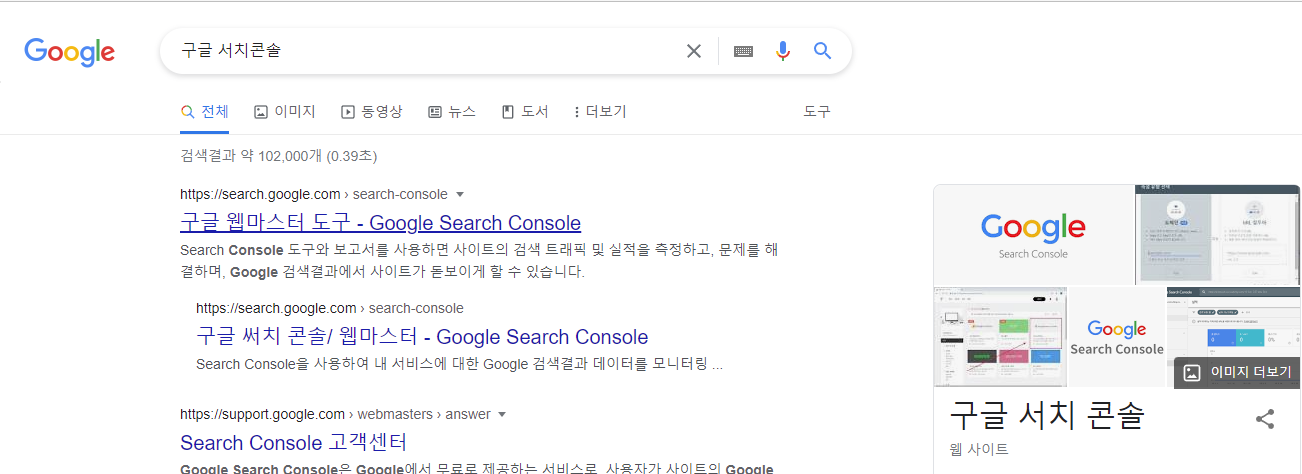 구글 검색창에 '구글 서치콘솔'을 검색한 화면의 모습이다.