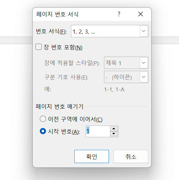 페이지 번호 서식 설정 장면