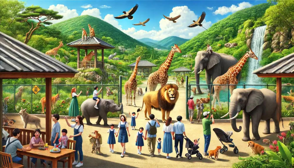 청주동물원에서 기린,코끼리등 동물과 사람들의즐거워하는 모습