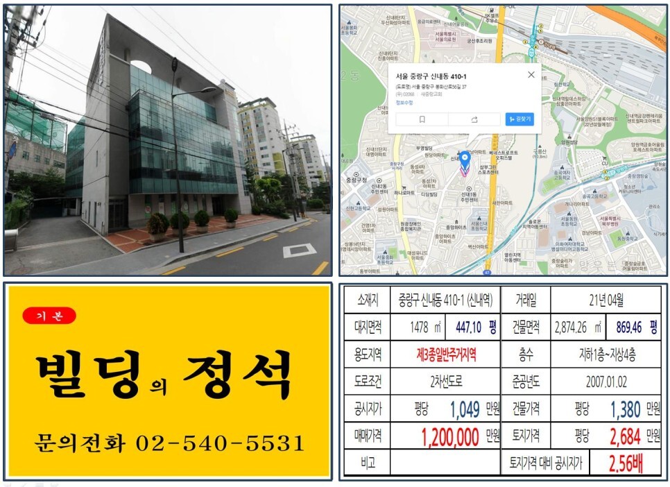 [중랑구 신내뉴타운 100억 빌딩 실거래가 조회] 신내동 410-1 (신내역) 120억 원, 평당 2,684만 원 매매되었습니다.