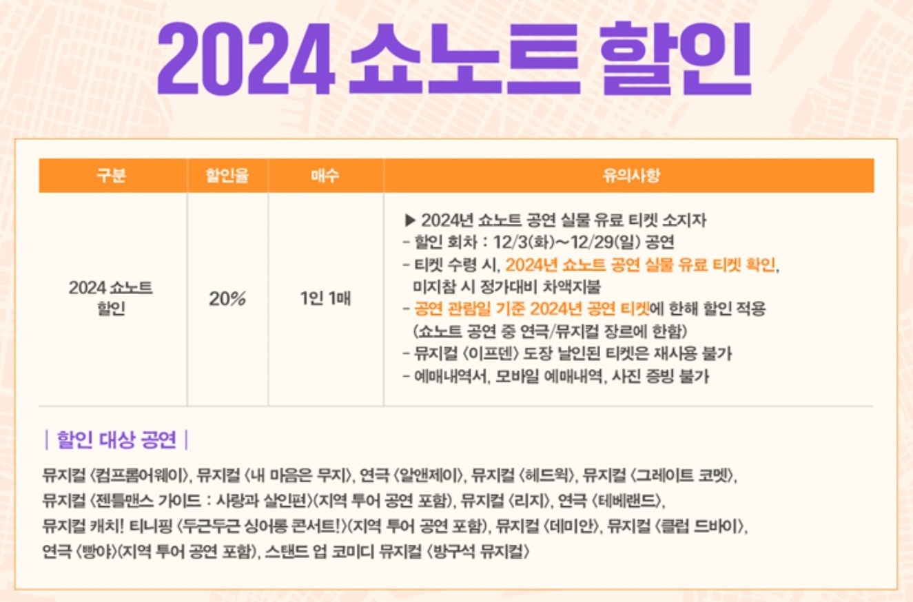 쇼노트 할인 : 2024.12.03 ~ 2024.12.29, 2024년 쇼노트 공연 실물 유료 티켓 소지자 20% 할인