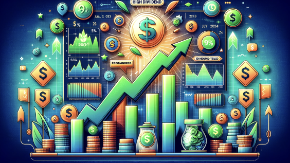 2024년 6월 추천 고배당주를 주제로 한 블로그 썸네일 이미지. 주식 시장 차트, 그래프, 상승 화살표, 동전, 달러 기호, 배당 수익률 퍼센트 기호 등 금융 성장을 상징하는 요소들이 포함되어 있습니다. 성장과 수익성을 나타내기 위해 녹색과 파란색의 밝은 색상을 사용했습니다