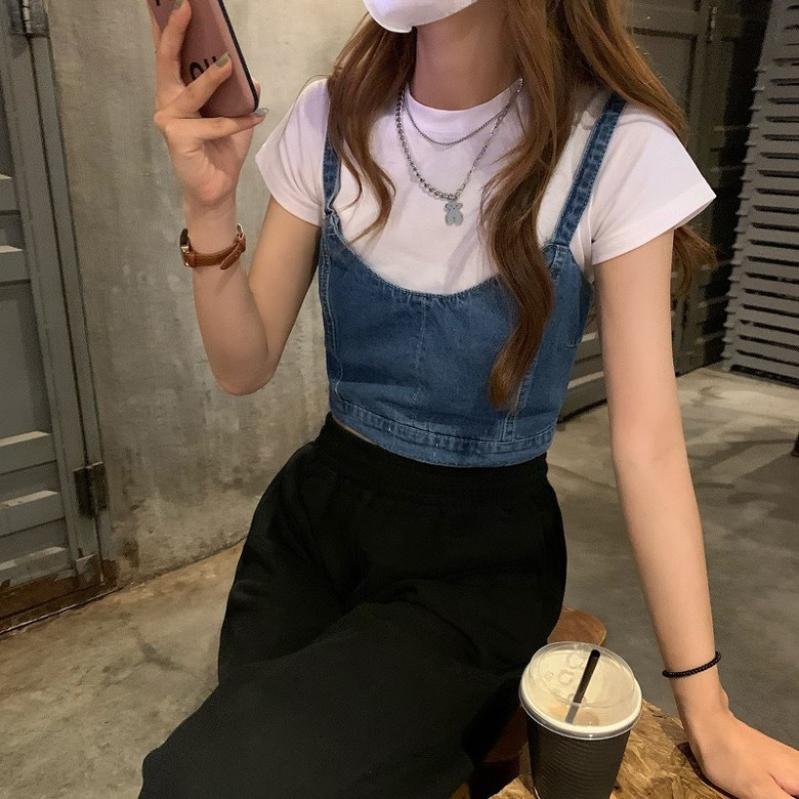 데님 뷔스티에 조끼 탑 하프 크롭 나시 여름